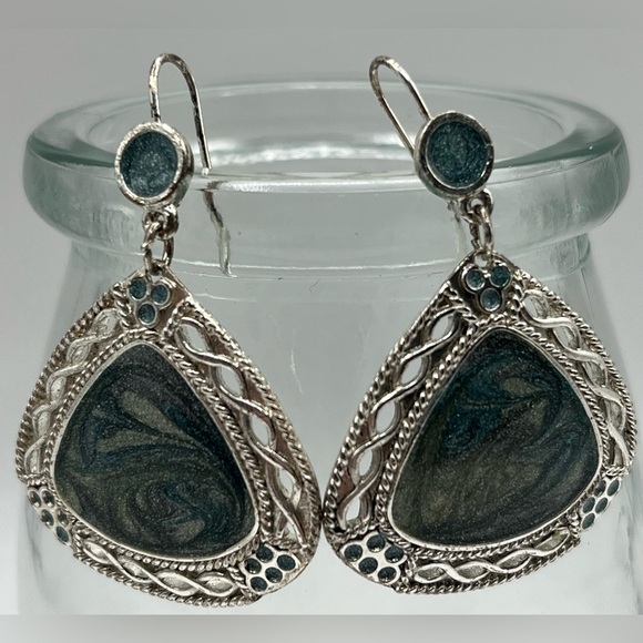 Boho Silver-Tone Filigree Drop Earrings with Marbled Blue Stone Inlay - Picture 1 of 3